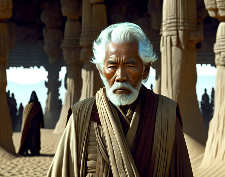 Elderly wise character in desert with white hair and robes