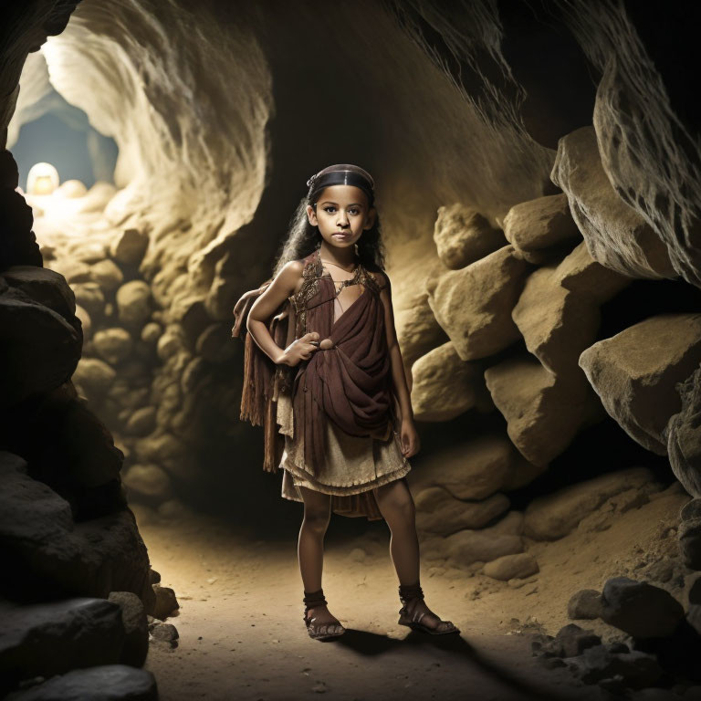 Child in rustic costume inside dimly lit cave with glowing lantern