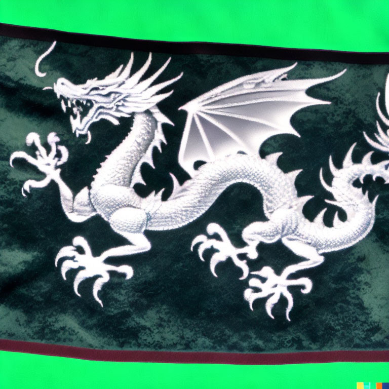 Detailed White Dragon Illustration with Intricate Scales and Claws on Green Background