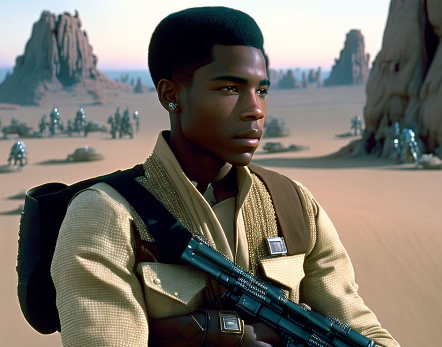 Serious young man in gold jacket with blaster rifle in desert landscape