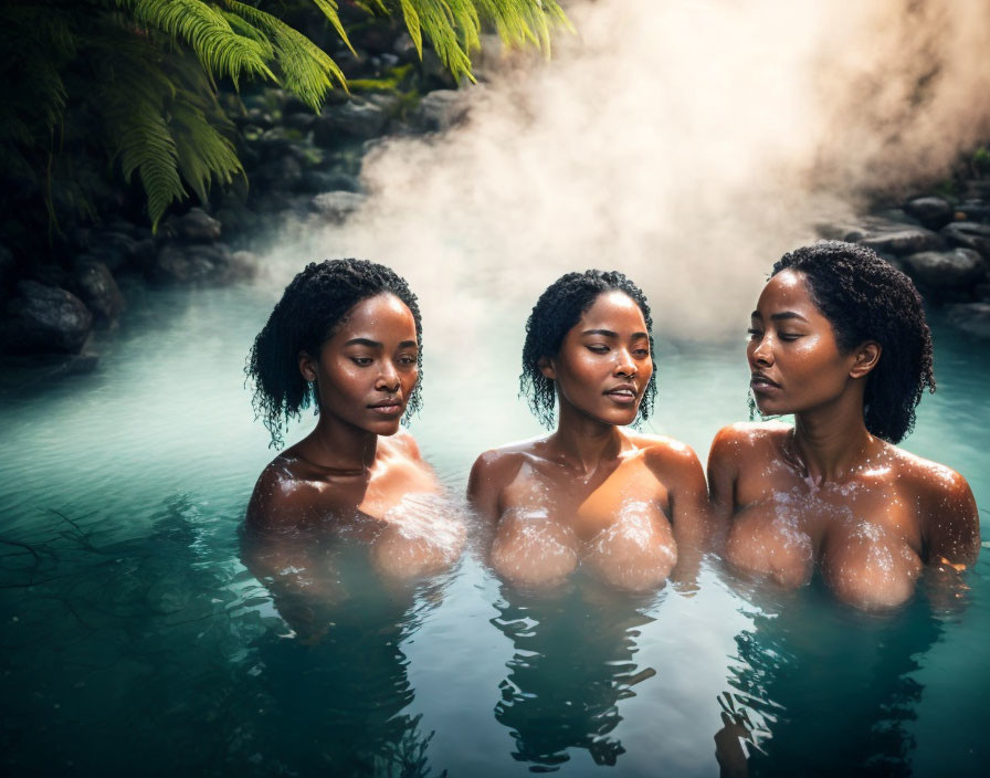 Women relaxing in misty hot spring amidst lush greenery.