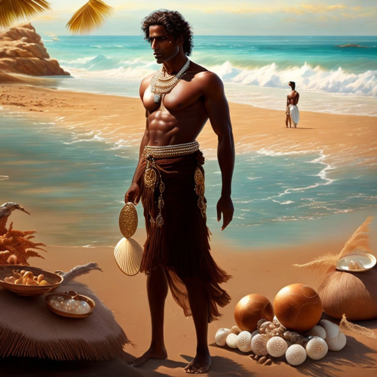 Shirtless man with jewelry on beach surrounded by tropical elements