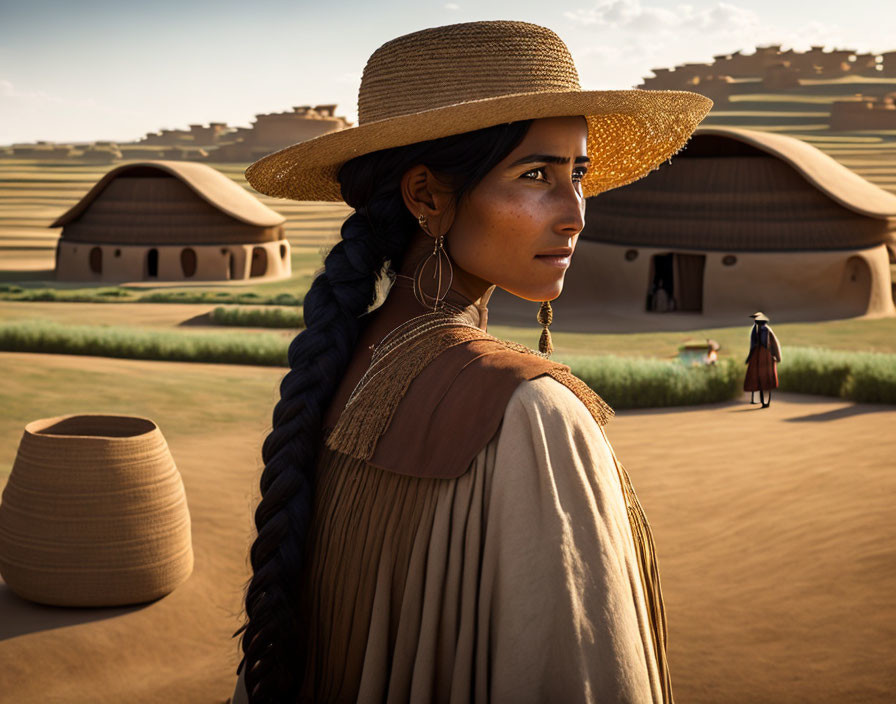 Woman with braid and straw hat in rural landscape with earthen dwellings