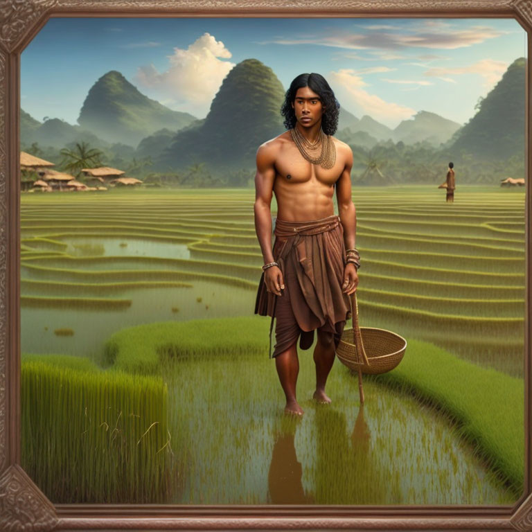 Man in lush green rice field with mountains and basket.