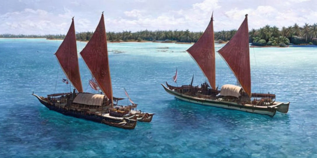 Traditional sailing ships with red sails near tropical island and palm trees