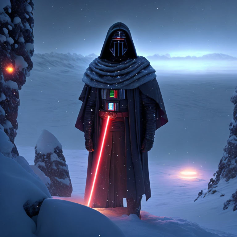 Dark Cloaked Figure with Red Lightsaber in Snowy Night Landscape