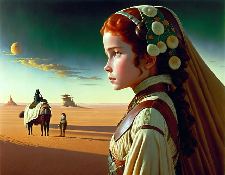 Red-Haired Girl in Celestial Accessories on Surreal Desert Landscape