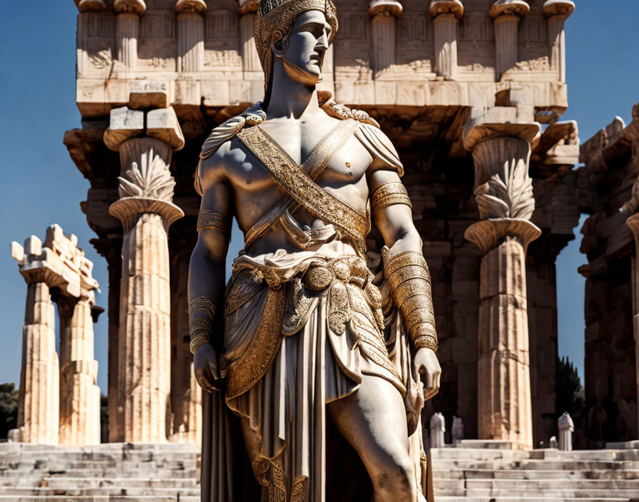 Armored female figure statue with temple against blue sky