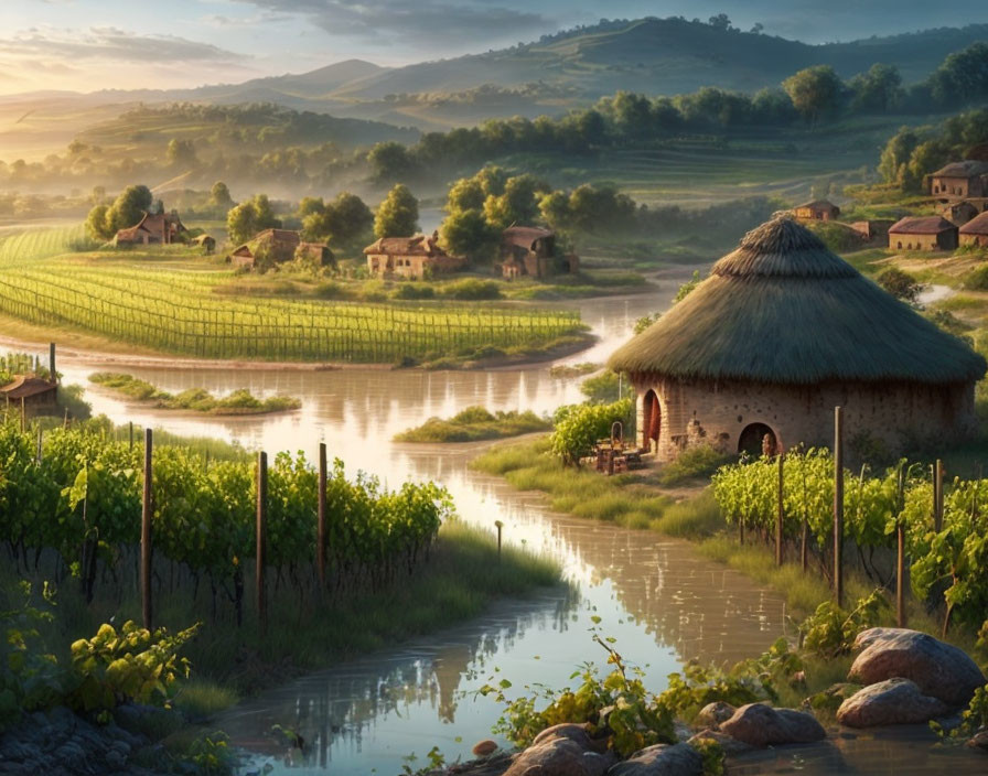 Tranquil rural landscape with thatched cottage, vineyards, river, and rolling hills