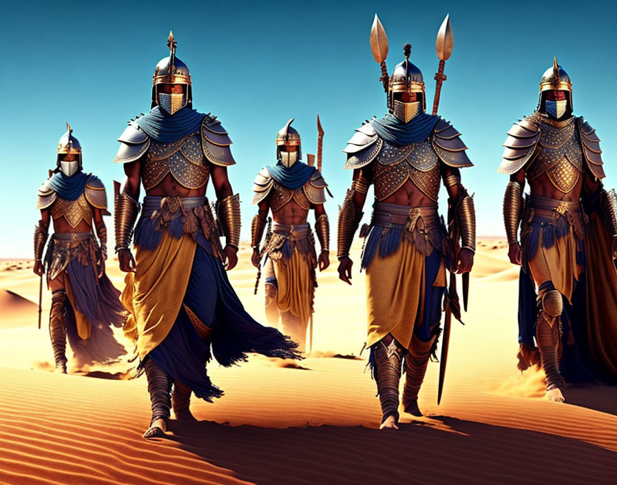 Armored warriors in blue and gold with spears in desert landscape