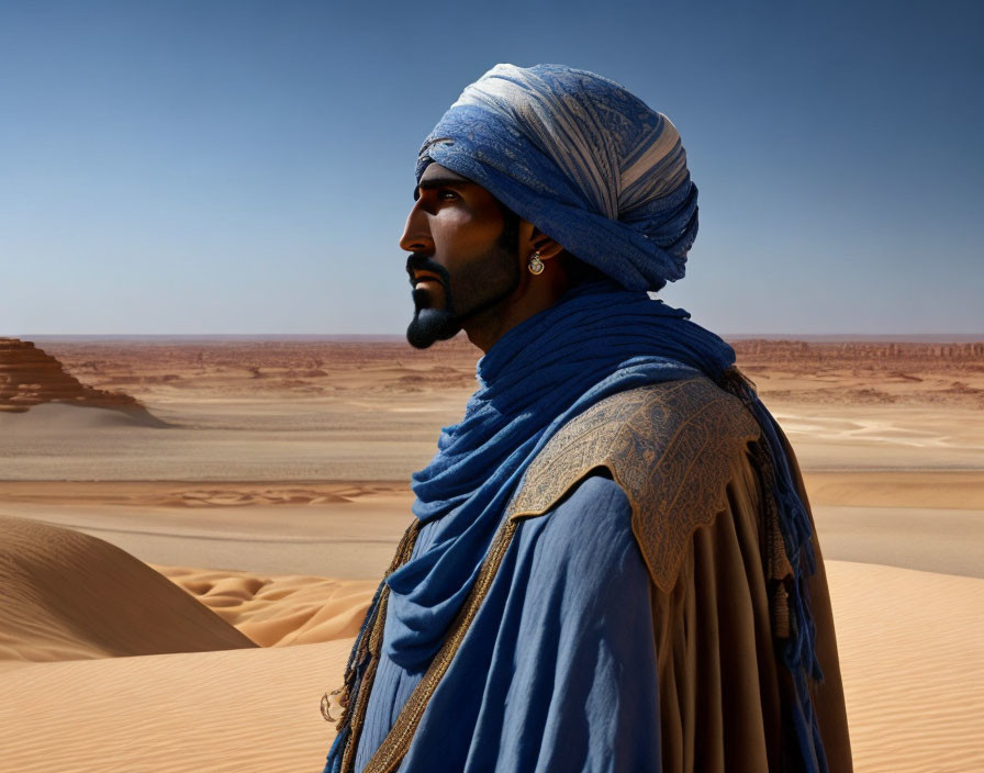 Man in Blue Turban and Robe Contemplating Desert Landscape