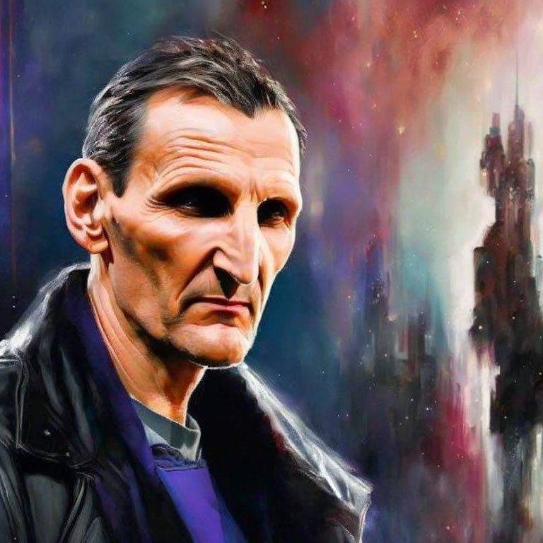 Stylized portrait of man with prominent cheekbones and strong jawline in black shirt and purple coat