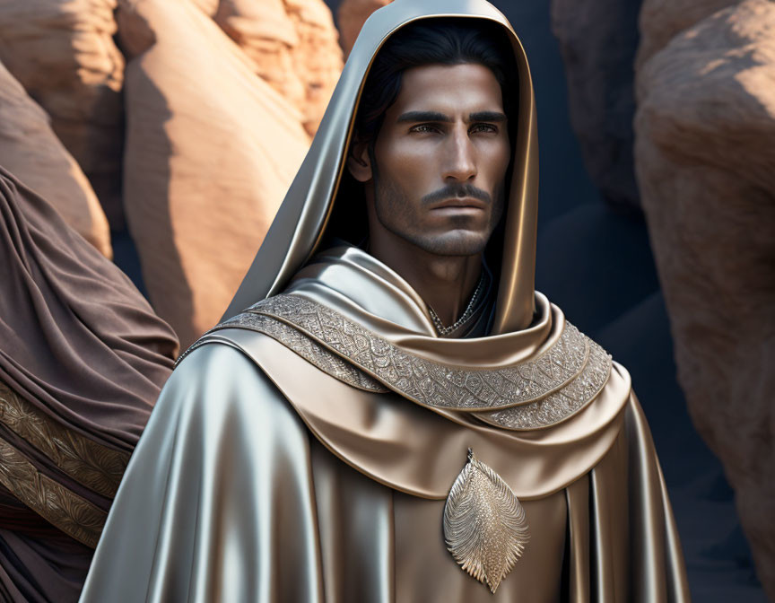 Detailed 3D illustration of a man in ornate robe against desert backdrop