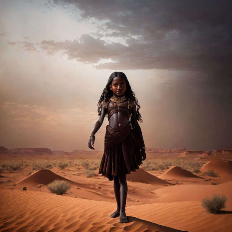 Young girl in brown dress on desert dune at dusk