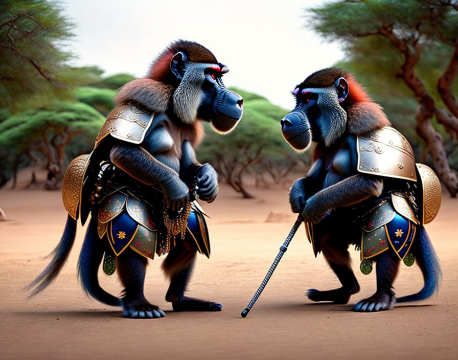 Medieval armor-clad baboons with staff in desert scene