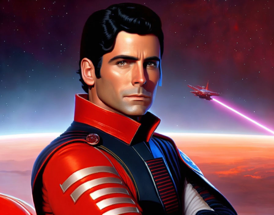 Male space hero in red and blue uniform with dark hair, spaceship firing laser in starry space