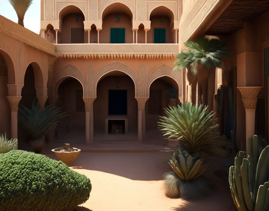 Ornate Moroccan courtyard with arches, carvings, and plants