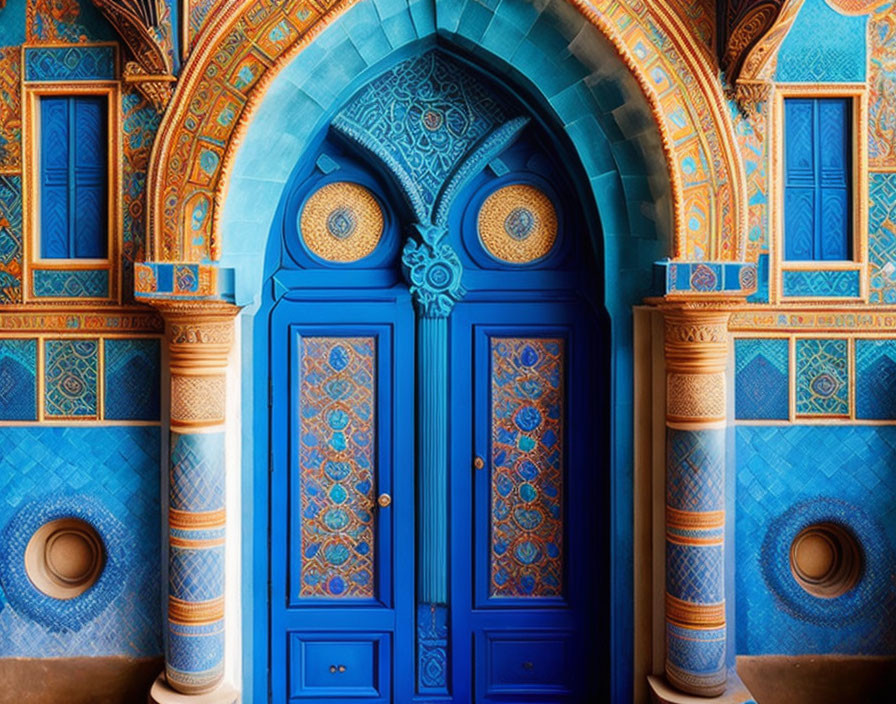 Ornate archway with vibrant blue double door and mosaic tilework