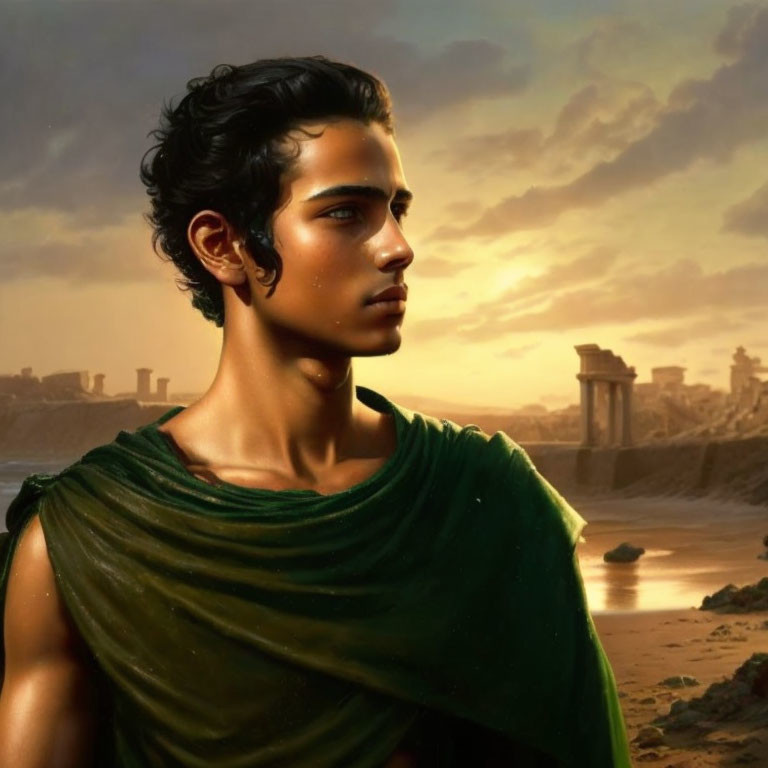 Young man with dark curly hair in green cloak against ancient cityscape at sunset