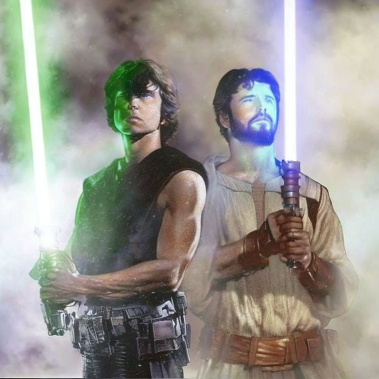 Jedi knights with green and blue lightsabers in cosmic setting