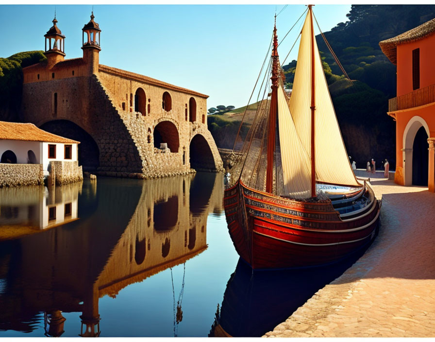 Vintage wooden ship with large sails at stone bridge waterfront.