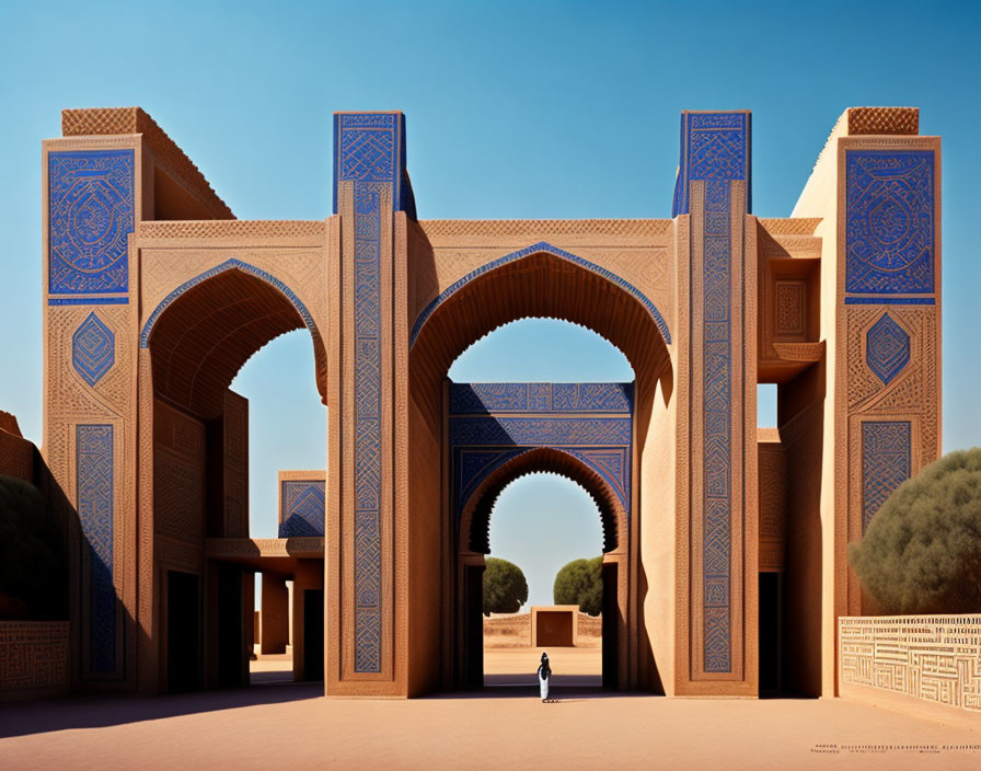 Intricate Sandstone Archway with Blue Patterns and Figure Standing Under Clear Sky