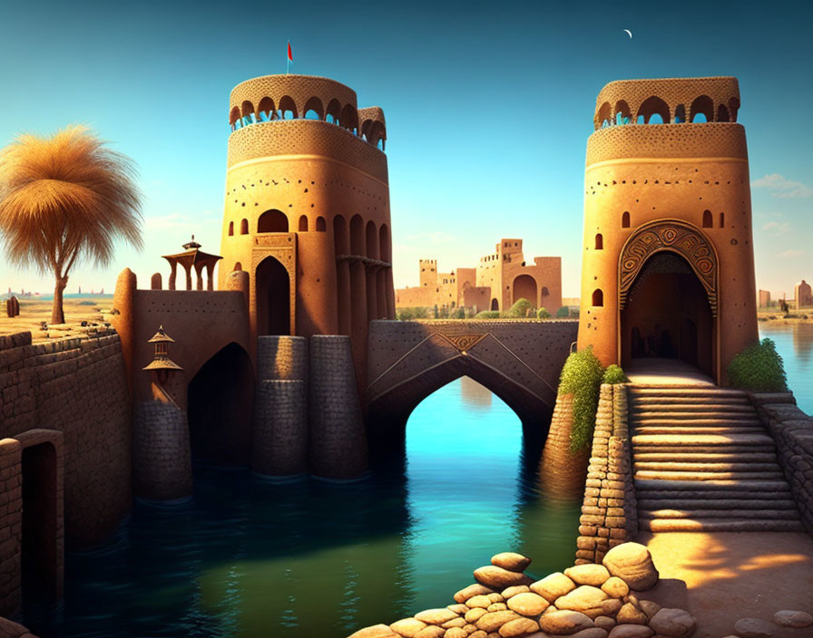 Digital art: Ancient fortress with arched bridges over calm water under crescent moon