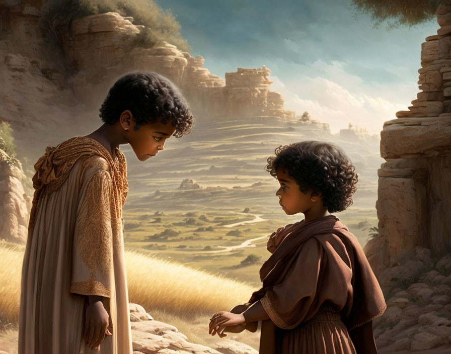 Ancient clothing children in desert landscape with rock formations