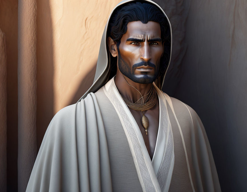 Man with Dark Hair in White Robe & Gold Necklaces in 3D Render