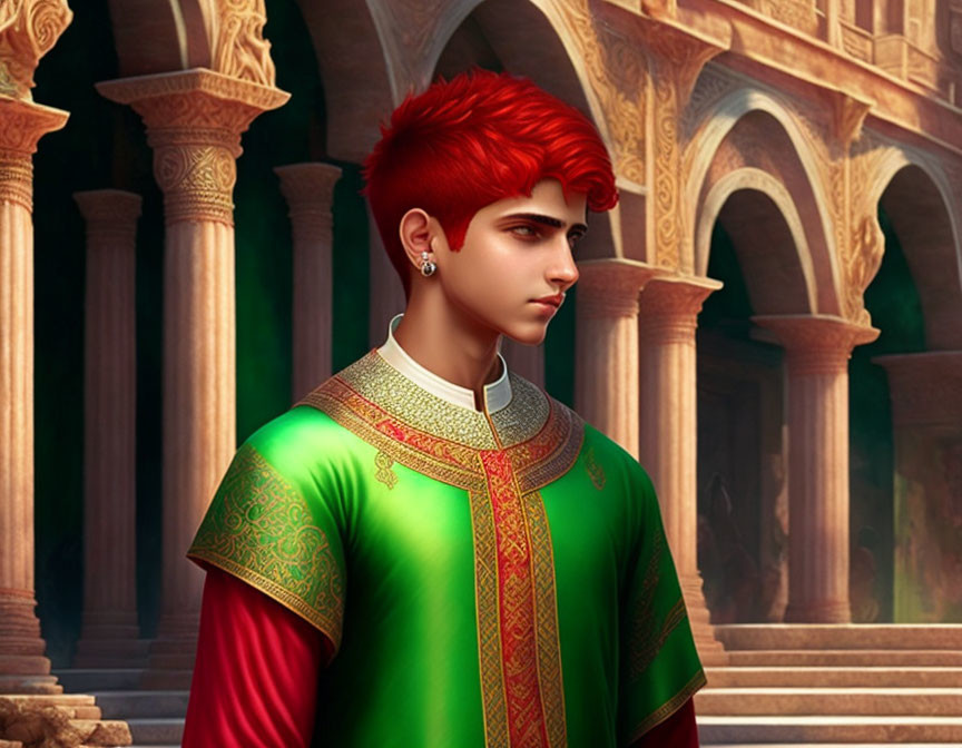 Digital artwork of person with red hair in green and gold garment in grand hallway.