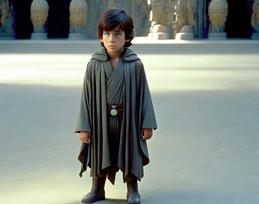 Serious young boy in brown robe and cape in grand hall with tall pillars