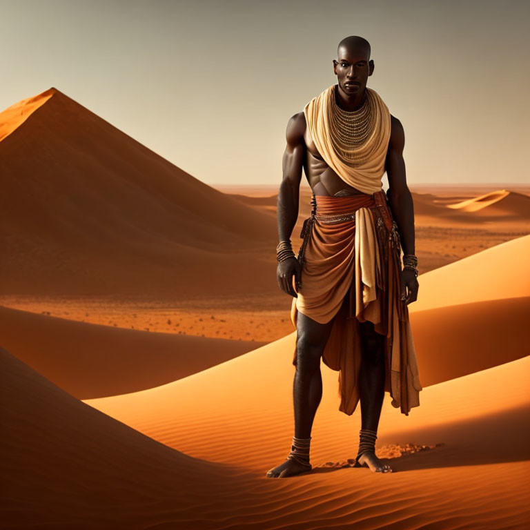 Man in draped clothing stands in desert under warm light