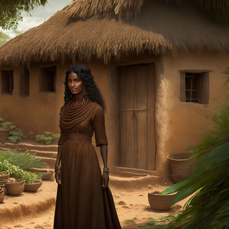 Traditional Attire Woman Standing Near Thatched Hut