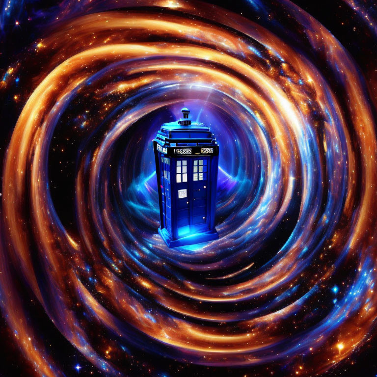 Blue police box in cosmic swirls: TARDIS-like time-travel imagery