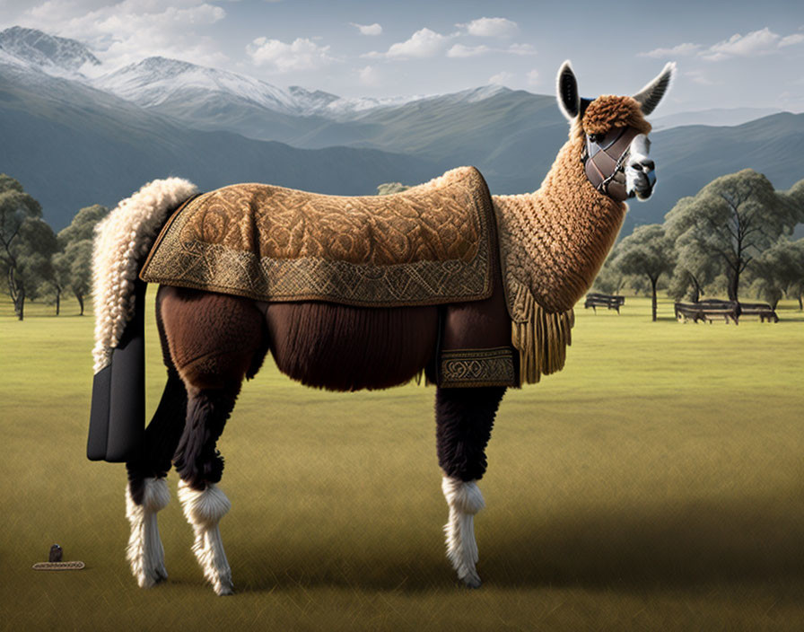 Digital artwork: Long-haired llama with blanket in green field