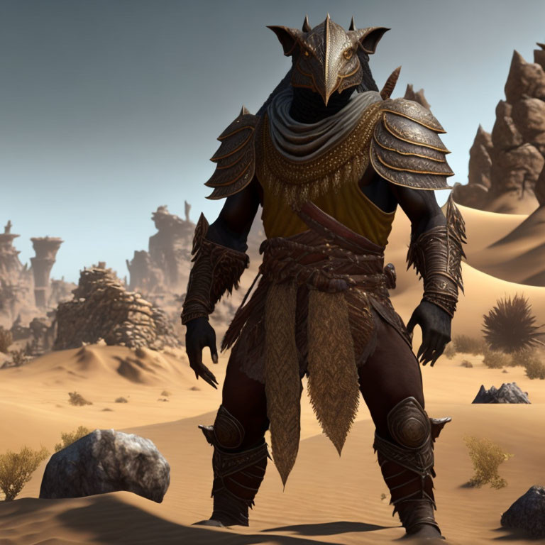 Ornate armored humanoid in desert setting with rock formations