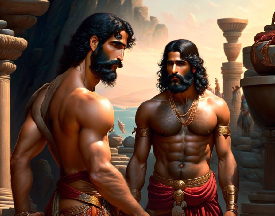 Two bearded men in traditional Indian clothing by water and ancient structures