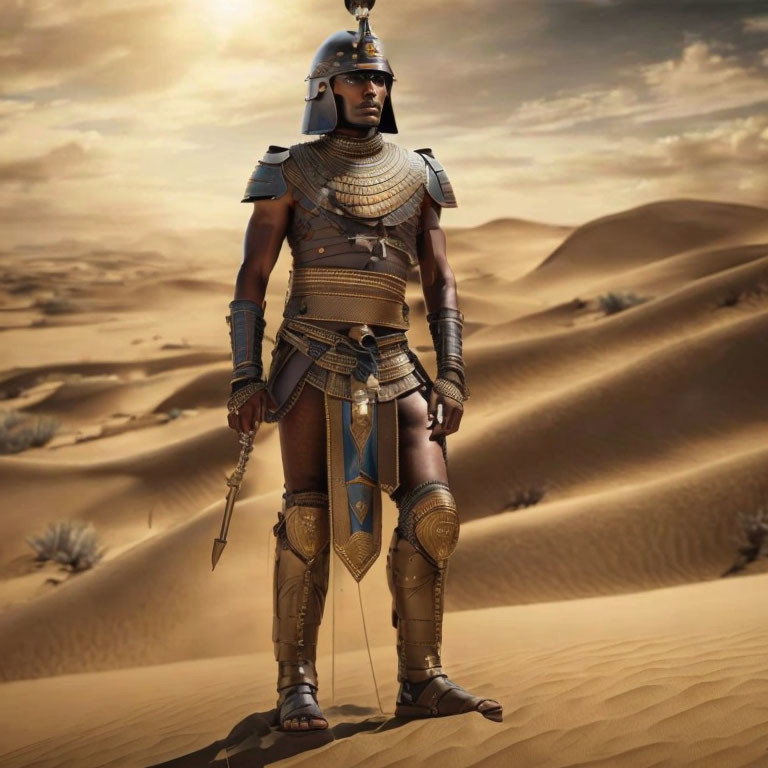 Elaborate Ancient Egyptian armor in desert landscape with sword