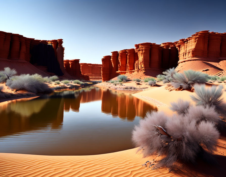 Tranquil desert oasis with red sandstone cliffs and sand dunes