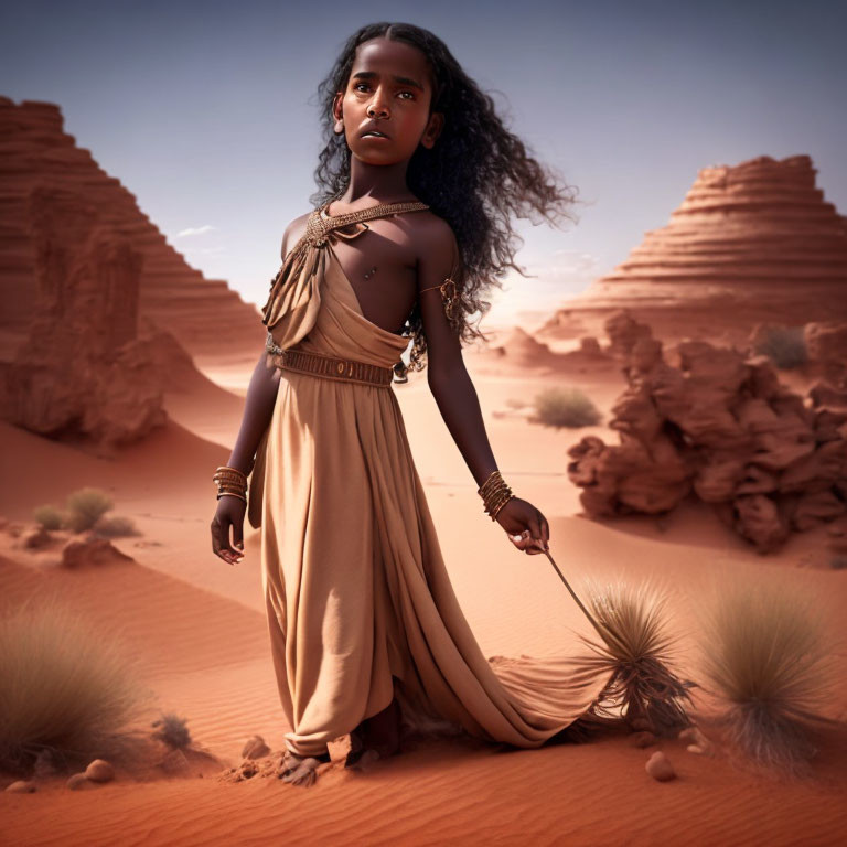 Young girl in desert with flowing dress and staff against sand dunes and blue sky