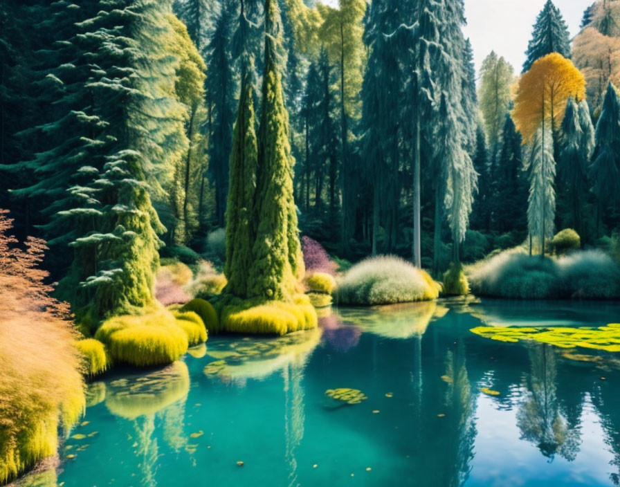 Colorful Forest with Moss-Covered Trees and Turquoise Lake