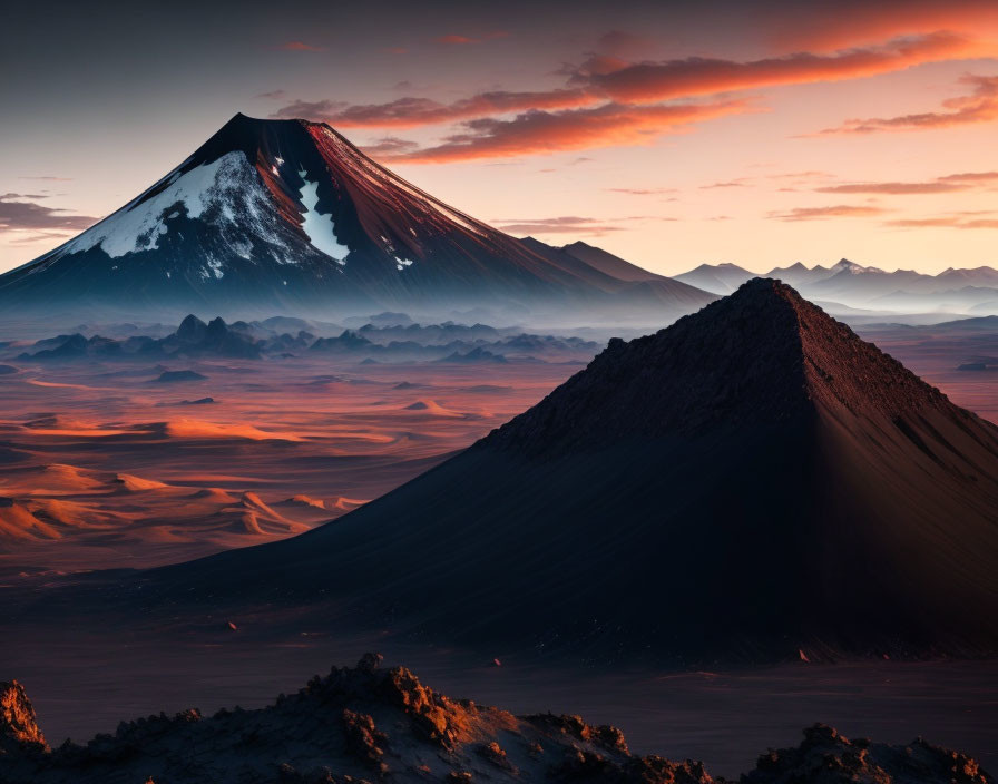 Volcanic landscape with conical peaks at sunset