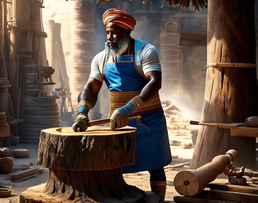 Skilled man carving wood with chisel in workshop