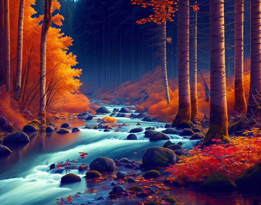 Vibrant autumn forest river with orange leaves and twilight sky