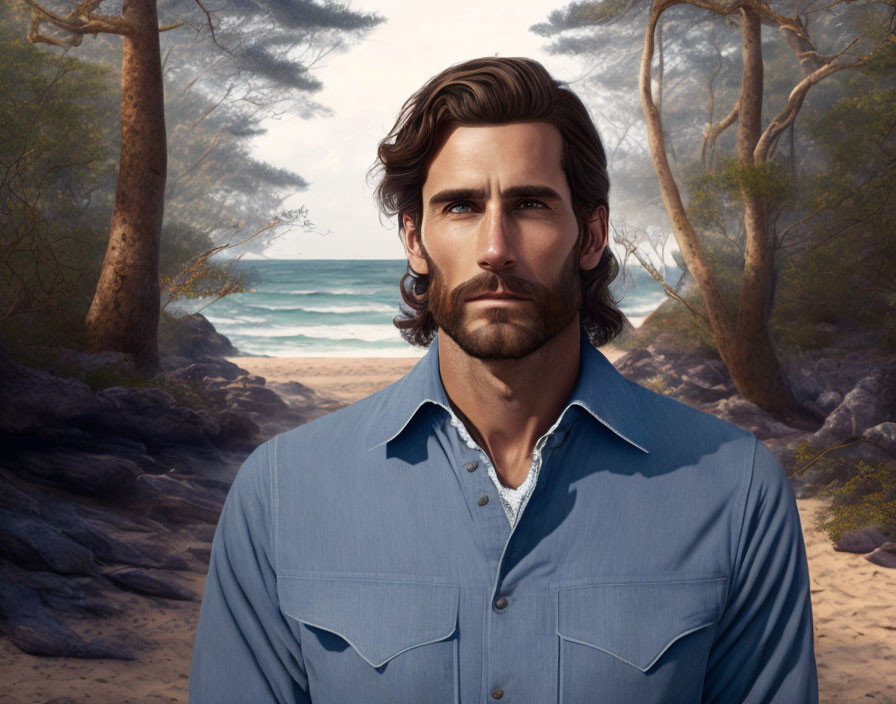 Digital Art Portrait of Man with Dark Hair and Beard in Forest Beach Setting