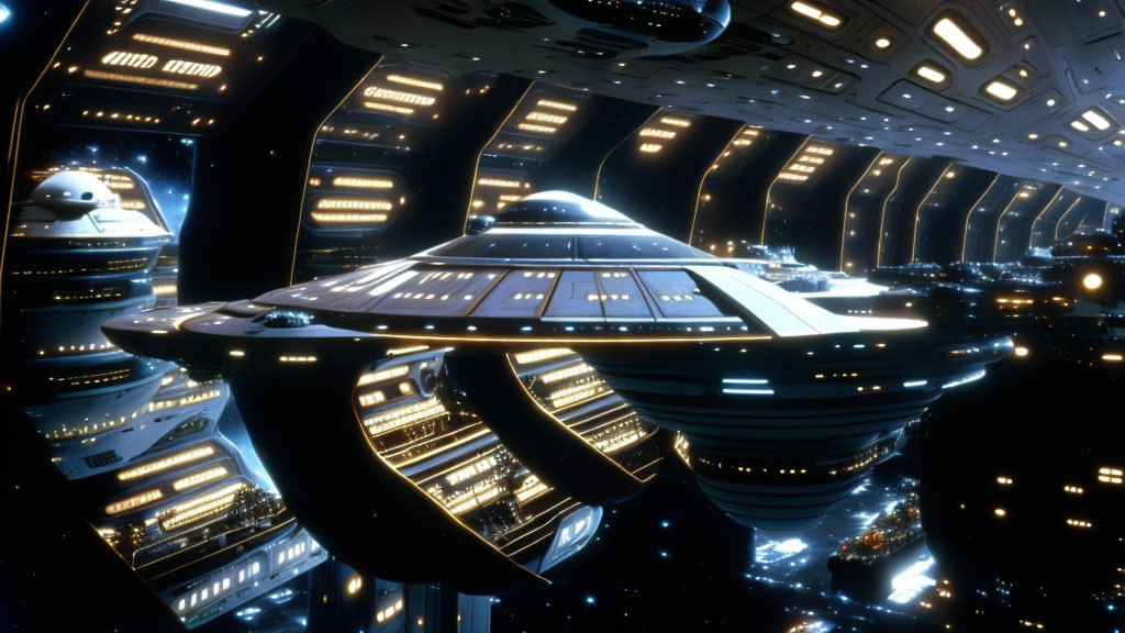 Futuristic illuminated saucer-shaped space station in starry setting