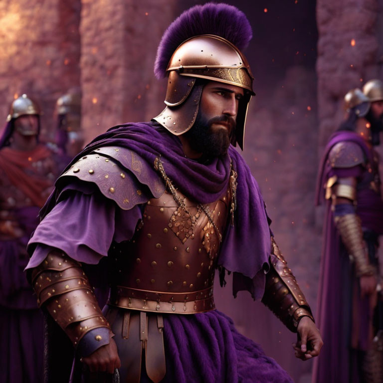 Ancient soldier in purple cloak with armed figures