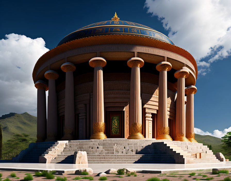 Classical Rotunda with Corinthian Columns in Mountainous Landscape