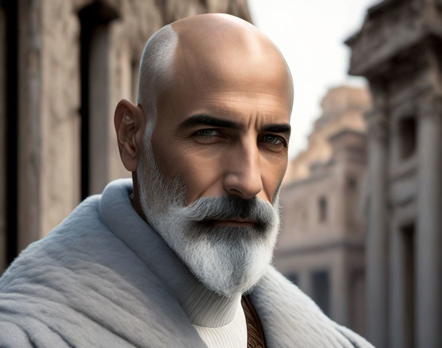 Bald Man with White Beard in Cream Turtleneck and Brown Tie Against Roman Buildings