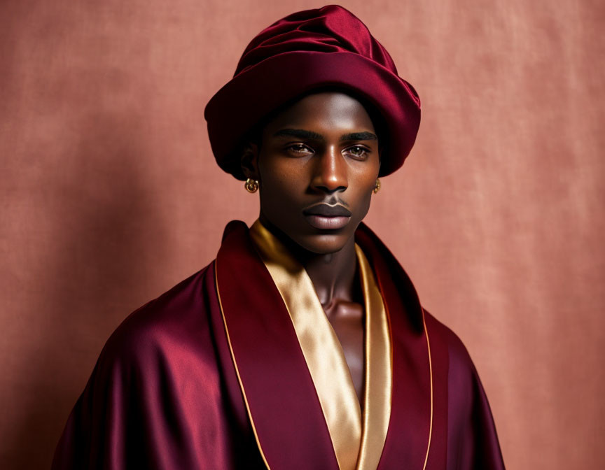 Deep Skin Tone Individual in Maroon Hat and Robe with Gold Lining on Warm Background